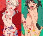  blonde_hair brown_hair caesar_anthonio_zeppeli facial_mark green_eyes hood hoodie jacket jojo_no_kimyou_na_bouken joseph_joestar_(young) koeri lipstick_mark male_focus multiple_boys red_jacket 