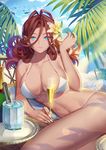  alcohol beach bikini bird blue_eyes bottle breasts brown_hair champagne cloud curly_hair day flower glass hair_between_eyes hair_flower hair_ornament large_breasts lens_flare light_rays long_hair looking_at_viewer lying on_side original outdoors san_yu_pian seagull side-tie_bikini sky smile solo swimsuit tray water white_bikini 