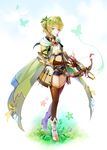  ankle_boots bad_id bad_pixiv_id blonde_hair blue_eyes boots bow_(weapon) brown_legwear bug butterfly crossbow crossbow_bolts gem insect long_legs midriff phantom_of_the_kill runia short_hair solo thighhighs weapon white_footwear 