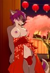  anthro breasts bulge canine cherry_blossom clothing f-ss hair intersex japanese_clothing jess_(teckly) looking_at_viewer mammal nipples panties purple_eyes purple_hair smile solo standing underwear wolf 