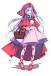  alternate_costume basket benghuai_7 book cosplay crescent crescent_hair_ornament dress full_body hair_ornament heart heart_print highres hood little_red_riding_hood little_red_riding_hood_(grimm) little_red_riding_hood_(grimm)_(cosplay) long_hair long_sleeves looking_at_viewer pantyhose patchouli_knowledge print_legwear purple_dress purple_eyes purple_hair ribbon shoes simple_background solo thighhighs touhou white_background 