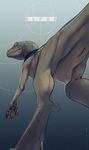  2015 animal_genitalia anus blue_(jurassic_world) blue_skin brown_background brown_sclera claws cloaca digitigrade dinosaur evalion female feral grey_skin jurassic_park jurassic_world looking_at_viewer looking_back low-angle_shot pinup portrait pose pussy raptor rear_view simple_background slit_pupils solo worm&#039;s-eye_view 