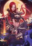  black_legwear bracelet breastplate breasts cleavage dual_wielding full_moon green_eyes holding jewelry katarina_du_couteau knife large_breasts league_of_legends long_hair meteor_shower midriff moon navel red_hair san_yu_pian shorts solo spiked_bracelet spikes thighhighs yellow_moon 