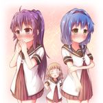  bad_id bad_pixiv_id black_hairband blonde_hair blue_hair blush commentary_request dress furutani_himawari hairband high_ponytail long_hair multiple_girls nanamori_school_uniform nose_blush oomuro_sakurako ponytail purple_hair sailor_dress school_uniform serafuku short_hair sugiura_ayano tokunaga_(gokaku_kansuu) yuru_yuri 