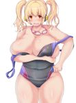  blonde_hair blush breasts cleavage competition_swimsuit goggles goggles_around_neck headphones huge_breasts looking_at_viewer navel nipple_slip nipples nitroplus one-piece_swimsuit open_mouth orange_eyes plump ponzu_yuki short_hair skindentation solo super_pochaco swimsuit twintails undersized_clothes 
