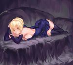  alternate_breast_size artoria_pendragon_(all) bad_id bad_pixiv_id bare_shoulders black_dress black_legwear blonde_hair breasts detached_sleeves dress fate/stay_night fate_(series) looking_at_viewer lying medium_breasts no_bra saber_alter shou_xun_bu_liang solo thighhighs yellow_eyes 