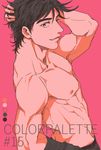  black_hair cowboy_shot dutch_angle english grin hand_in_hair hand_on_hip jojo_no_kimyou_na_bouken joseph_joestar_(young) koeri limited_palette looking_at_viewer looking_back male_focus muscle nipples pink_background shirtless simple_background smile solo 
