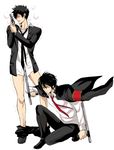  2boys anal anal_object_insertion armband black_hair blush crossover gun hibari_kyouya jacket_on_shoulders katekyo_hitman_reborn! kneeling kougami_shin&#039;ya kougami_shin'ya male_focus multiple_boys object_insertion psycho-pass school_uniform tonfa toroi trait_connection weapon yaoi 