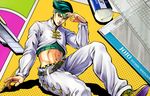  aqua_hair diamond_wa_kudakenai eraser headband janis_(hainegom) jojo_no_kimyou_na_bouken kishibe_rohan male_focus midriff official_style solo 