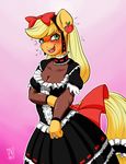  2015 anthro anthrofied applejack_(mlp) blonde_hair blush bow clothed clothing earth_pony equine female freckles friendship_is_magic green_eyes hair horse long_hair maid_uniform mammal my_little_pony open_mouth pony solo sweat zwitterkitsune 