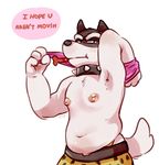  anthro canine chubby clothed clothing collar dialogue digital_media_(artwork) dog doggo front_view glitter_trap_boy half-dressed male mammal nipples panty_peek raised_arm signature solo spiked_collar standing talking_to_viewer topless undertale undressing 