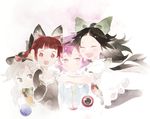  animal_ears black_hair blush bow braid cat_ears closed_eyes extra_ears eyeball gradient gradient_background hair_bow hair_ornament hair_ribbon hairband hat kaenbyou_rin komeiji_koishi komeiji_satori long_hair long_sleeves looking_at_another looking_at_viewer multiple_girls open_mouth pink_eyes pink_hair ponytail puffy_sleeves red_eyes red_hair reiuji_utsuho ribbon scan scan_artifacts shihou_(g-o-s) short_hair short_sleeves siblings silver_eyes silver_hair simple_background sisters smile string third_eye touhou twin_braids upper_body 