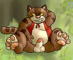  anthro balls barefoot blueballs bottomless cat circumcised clothed clothing erection feline forest ghibli grin half-dressed hand_behind_head legs_up male mammal outside overweight pawpads penis pinup pose presenting presenting_penis princess_mononoke solo spread_legs spreading tree vest whiskers 