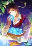  bad_id bad_pixiv_id basket blue_apple flower holding hydrangea jewelry leaf male_focus necklace open_mouth original red_eyes runia solo studs 