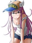  alternate_form baseball_cap blue_eyes breasts cleavage clothes_writing dr._slump eichi1219 glasses hat leaning_forward long_hair looking_at_viewer medium_breasts norimaki_arale off_shoulder older purple_eyes purple_hair shirt sleeveless sleeveless_shirt solo white_background winged_hat 