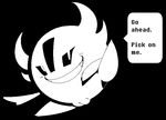  astigmatism black_and_white blush dialogue english_text female horn looking_at_viewer monochrome monster presenting pussy smile solo speech_bubble text undertale ɯ(_&ndash;_&ndash;_)ɯ 