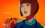  bob_cut brown_hair bruno_buccellati cheese_trail food holding_pizza jojo_no_kimyou_na_bouken male_focus pizza purple_eyes rena_(renasight) slice_of_pizza solo 