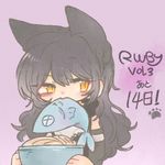  1girl black_hair blake_belladonna blush bowl cat_ears chibi eating fish long_hair makeup rapop rwby translated translation_request yellow_eyes 