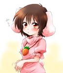  animal_ears blush brown_hair bunny_ears bunny_tail carrot_necklace commentary_request dress hands_together inaba_tewi looking_at_viewer pout puffy_cheeks red_eyes short_hair shy solo tail touhou unya 