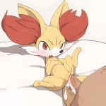  1girl bed_sheet bestiality blush clitoral_hood creatures_(company) cum cum_in_pussy dark_skin dark_skinned_male ejaculation erection fang fennekin full_body game_freak gen_6_pokemon hetero highres interspecies looking_at_another lying navel nintendo nude on_back open_mouth orgasm penis pokemon pokemon_(creature) pussy red_eyes sex solo_focus spread_legs sweat tears uncensored vaginal veins veiny_penis white_background youjomodoki 