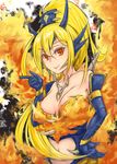  absurdres bare_shoulders blonde_hair breasts cleavage duel_monster fire hair_ornament headpiece highres long_hair looking_at_viewer medium_breasts navel ponytail queen_dragun_djinn red_eyes smile solo spikes upper_body yinzhang yuu-gi-ou 
