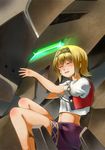  blonde_hair crying glowing glowing_eyes highres leema_(suisei_no_gargantia) mecha muzzle_(suisei_no_gargantia) rkp sitting_on_hand suisei_no_gargantia tears 