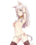  2015 animal_ears aqua_eyes arched_back arm_behind_head arm_garter armpits bangs bell bell_collar bikini blunt_bangs blush breasts cameltoe cat_ears cat_tail cleft_of_venus collar covered_nipples cowboy_shot dated eyelashes from_side glasses green_eyes highres kowiru light_smile long_hair looking_at_viewer navel nipple_push nipple_tweak nipples original petite see-through signature silver_hair simple_background small_breasts solo swimsuit tail thighhighs torn_clothes torn_legwear white_background 