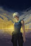  cloud highres ledo_(suisei_no_gargantia) male_focus purple_eyes quaanqin silver_hair sky smile solo suisei_no_gargantia sun 