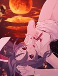  absurdres afloat animal_ears blurry bracelet bunny_ears cropped finger_to_mouth highres jewelry kushibi long_hair looking_at_viewer moon no_pants open_mouth purple_hair red_eyes red_moon reflection reisen_udongein_inaba ribbon ruby_(stone) shirt sleeveless solo touhou upside-down water 