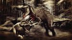  blood claws dinosaur fight open_mouth stab teeth triceratops tyrannosaurus_rex 