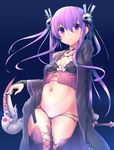  :o bad_id bad_twitter_id blush breasts bunny_hair_ornament choker cowboy_shot hair_ornament highres jacket kumashou_(nabeyama_kaidou) long_hair looking_at_viewer memento_(sennen_sensou_aigis) micro_panties navel panties purple_hair red_eyes scythe sennen_sensou_aigis skull_hair_ornament small_breasts solo thighhighs twintails underwear 