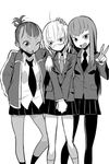  blush girl_sandwich glasses greyscale ken_(koala) long_hair long_sleeves looking_at_viewer monochrome multiple_girls necktie one_eye_closed open_mouth original pantyhose pleated_skirt sandwiched school_uniform short_hair simple_background skirt smile white_background 