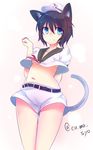  anchor animal_ears bad_id bad_twitter_id black_hair blue_eyes breasts cat_ears cat_girl cat_tail dress fang hat highres kemonomimi_mode kumashou_(nabeyama_kaidou) murasa_minamitsu navel paw_pose sailor_dress sailor_hat short_hair short_shorts shorts small_breasts smile solo tail touhou twitter_username underboob 