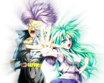  1girl back-to-back blue_eyes breasts clenched_hand crossover detached_sleeves dragon_ball dragon_ball_z green_hair highres kamishima_kanon kochiya_sanae large_breasts lavender_hair light long_hair open_mouth touhou trunks_(dragon_ball) 