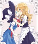  alice_margatroid apron ascot blonde_hair blue_eyes blush braid couple hair_ribbon hairband hat hat_removed headwear_removed imminent_kiss kirisame_marisa long_hair multiple_girls open_mouth ribbon sash short_hair side_braid touhou tsuno_no_hito waist_apron witch_hat yellow_eyes yuri 