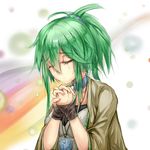  chinese choker closed_eyes collar commentary crying duel_monster green_eyes green_hair hair_ornament hairband hands_clasped jacket medallion own_hands_together ponytail praying solo streaming_tears tears upper_body winda_priestess_of_gusto yinzhang yuu-gi-ou 