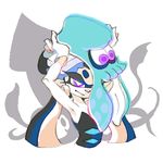  1girl animal aori_(splatoon) commentary_request domino_mask earrings food food_on_head gloves holding holding_animal inkling inoue_seita jewelry mask object_on_head official_art purple_eyes splatoon_(series) splatoon_1 squid tentacle_hair tentacles upper_body 