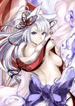  animal_ears arched_back arm_up backless_outfit bare_back blue_eyes bow breasts detached_sleeves erune fox_ears fox_tail from_behind fur_trim granblue_fantasy hair_ornament highres kz_nagomiya long_hair looking_at_viewer looking_back medium_breasts sideboob silver_hair smile socie_(granblue_fantasy) solo tail two-tone_background very_long_hair 