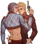  blonde_hair bug danial finger_on_trigger giorno_giovanna guido_mista gun hat holding holding_gun holding_weapon insect jojo_no_kimyou_na_bouken ladybug male_focus midriff multiple_boys red_eyes weapon 