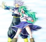  1girl back-to-back blue_eyes boots breasts brown_footwear crossover detached_sleeves dragon_ball dragon_ball_z green_hair highres holding_hands interlocked_fingers kamishima_kanon kochiya_sanae large_breasts lavender_hair long_hair midriff open_mouth skirt touhou trunks_(dragon_ball) 