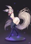  absurdres animal_ear_fluff animal_ears ass bad_id bad_pixiv_id blade_&amp;_soul blonde_hair blue_eyes breasts curly_hair fox_ears from_behind highres jewelry large_tail leaning_forward legs long_hair long_tail looking_back lyn_(blade_&amp;_soul) nipples no_pants no_shoes panties ribbon single_earring small_breasts smile solo sosoa tail thighhighs topless twintails underwear white_panties 