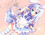  animal_ears apron blue_dress blue_eyes blue_hair blush bunny_ears chestnut_mouth dress dress_lift fake_animal_ears food gochuumon_wa_usagi_desu_ka? hair_ornament hairclip izumiyuhina kafuu_chino long_hair macaron open_mouth ribbon solo striped striped_legwear thighhighs x_hair_ornament zettai_ryouiki 