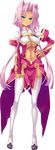  absurdres aqua_eyes blue_eyes blush breasts center_opening cleavage dark_skin detached_sleeves dress facial_mark forehead_mark full_body hair_intakes hand_on_hip highres hikage_eiji koihime_musou large_breasts light_smile long_hair long_sleeves looking_at_viewer navel no_bra pink_hair sleeves_past_wrists solo sonken tan thighhighs transparent_background underboob white_legwear 