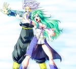  1girl back-to-back blue_eyes breasts cleavage_cutout crossover detached_sleeves dragon_ball dragon_ball_z green_hair highres holding_hands interlocked_fingers kamishima_kanon kochiya_sanae large_breasts lavender_hair long_hair midriff open_mouth skirt touhou trunks_(dragon_ball) 