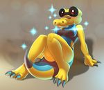  3_toes alligator anthro blush breasts brown_eyes claws crocodile elpatrixf female looking_at_viewer nintendo nude pok&eacute;mon reptile sandile scalie shiny_pok&eacute;mon sitting smile solo toe_claws toes video_games 