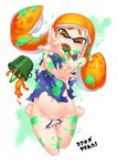  blush bucket domino_mask fangs highres inkling kabeu_mariko long_hair mask navel open_mouth orange_eyes orange_hair outstretched_arms paint_splatter pointy_ears school_swimsuit solo splatoon_(series) splatoon_1 swimsuit tears tentacle_hair torn_clothes tri-slosher_(splatoon) watch wristwatch 