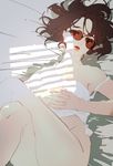  bare_legs bed_sheet black_hair bottomless crossed_legs hands_clasped interlocked_fingers lying moss_(2225028) no_panties on_back original own_hands_together red-tinted_eyewear shade short_hair solo sunglasses tank_top window_shade 