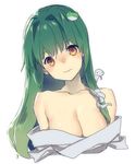  bare_shoulders blush breasts cleavage frog_hair_ornament green_hair hair_ornament head_tilt kochiya_sanae long_hair looking_at_viewer medium_breasts misti off_shoulder orange_eyes simple_background snake_hair_ornament solo touhou upper_body white_background 