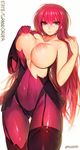  black_legwear blush bodysuit breasts brown_eyes cameltoe fate/grand_order fate_(series) garter_straps highres large_breasts long_hair looking_at_viewer mukka nipples purple_bodysuit red_hair scathach_(fate)_(all) scathach_(fate/grand_order) simple_background solo torn_bodysuit torn_clothes twitter_username type-moon white_background 