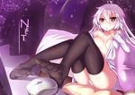  ahoge black_legwear cushion dk.senie feet highres logitech long_hair mouse_(computer) neet no_bra open_clothes open_shirt original panties pillow pov_feet shirt side-tie_panties sitting soles solo string_panties thighhighs underwear undressing white_hair white_panties 